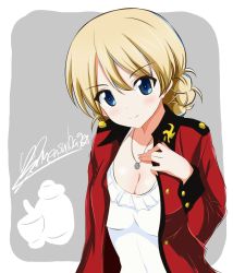 Rule 34 | 10s, 1girl, absurdres, artist name, bad id, bad twitter id, blonde hair, blue eyes, braid, breasts, cleavage, closed mouth, commentary, darjeeling (girls und panzer), epaulettes, frilled swimsuit, frills, getsumen suibaku ver. a(c), girls und panzer, grey background, highres, jacket, jewelry, light smile, long sleeves, looking at viewer, medium breasts, military, military jacket, military uniform, necklace, one-piece swimsuit, open clothes, open jacket, outside border, red jacket, short hair, signature, solo, st. gloriana&#039;s military uniform, swimsuit, swimsuit under clothes, twin braids, uniform, upper body, white one-piece swimsuit