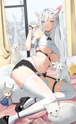 Rule 34 | 1girl, absurdres, animal, animal ears, artist request, bare shoulders, belt, black footwear, black shorts, breasts, commission, crop top, detached sleeves, fox, fox ears, fox girl, fox tail, hair between eyes, hair ornament, hairclip, hand up, highleg, highres, large breasts, long hair, looking at viewer, micro shorts, midriff, navel, no bra, original, panty straps, parted lips, second-party source, shirt, shoes, short sleeves, shorts, side ponytail, sleeveless, sleeveless shirt, solo, stomach, tail, thigh strap, thighhighs, thighs, torn clothes, torn shorts, underboob, very long hair, white hair, white shirt, white thighhighs, wristband, yellow eyes