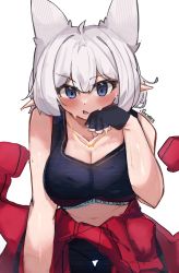 Rule 34 | 1girl, absurdres, auraaa, bare shoulders, black gloves, black shorts, blue eyes, blush, breasts, cleavage, commentary, fingerless gloves, gloves, grey hair, hair between eyes, hand up, highres, leaning forward, medium breasts, navel, original, parted lips, pointy ears, shorts, simple background, solo, sweat, thigh gap, white background, wiping sweat