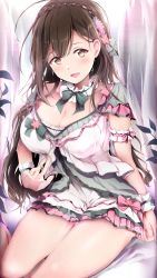 Rule 34 | :d, absurdres, ahoge, aqua bow, bad id, bad pixiv id, blush, bow, braid, breasts, brown eyes, brown hair, cleavage, collarbone, commentary request, crown braid, flower, frills, hair bow, hair flower, hair ornament, highres, idolmaster, idolmaster shiny colors, kuwayama chiyuki, lap pillow invitation, large breasts, long hair, neofreet, open mouth, pink bow, polka dot, polka dot bow, sitting, smile, solo, thighs, very long hair, yokozuwari