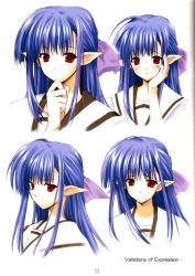 Rule 34 | 00s, 1girl, blue hair, blush, character sheet, expressions, half updo, highres, long hair, nerine, pointy ears, portrait, red eyes, shuffle!, suzuhira hiro
