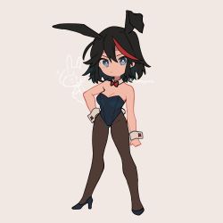 Rule 34 | 1girl, 320 (romsen), animal ears, bad id, bad twitter id, black footwear, black hair, black leotard, black pantyhose, blue eyes, bow, bowtie, breasts, bright pupils, cleavage, closed mouth, commentary, detached collar, fake animal ears, fake tail, frown, grey background, hand on own hip, high heels, highres, kill la kill, leotard, looking at viewer, mankanshoku mako, matoi ryuuko, medium breasts, multicolored hair, outline, pantyhose, playboy bunny, rabbit ears, rabbit tail, red bow, red bowtie, short hair, solo, standing, strapless, strapless leotard, streaked hair, tail, twitter username, two-tone hair, white pupils, wrist cuffs