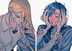 Rule 34 | 2girls, black sailor collar, blonde hair, blue hair, blue shirt, blush, closed eyes, closed mouth, collared shirt, commentary request, fingernails, hands on another&#039;s face, hands on another&#039;s wrists, highres, long fingernails, long hair, long sleeves, looking at another, medium hair, multiple girls, naotin3333, open mouth, original, red eyes, sailor collar, school uniform, serafuku, sharp fingernails, shirt, simple background, smile, upper body, white background, white shirt, yuri