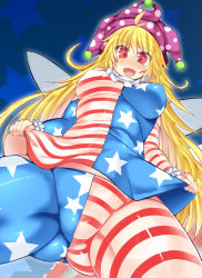 Rule 34 | 1girl, ahoge, american flag dress, american flag legwear, american flag shirt, blonde hair, blush, breasts, clownpiece, crotch, detached sleeves, covered erect nipples, fat mons, female focus, hat, hisui (stapspats), jester cap, large breasts, long hair, looking at viewer, looking down, open mouth, pantyhose, red eyes, smile, solo, spread legs, touhou, very long hair