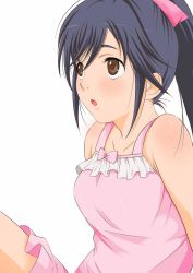 Rule 34 | 1girl, :o, bare shoulders, black hair, blush, bow, breasts, brown eyes, collarbone, frills, from side, hair between eyes, hair ribbon, highres, long hair, looking away, looking up, love plus, medium breasts, mi miko and ri riko, miko riko, open mouth, pink bow, pink ribbon, ponytail, ribbon, shiny skin, simple background, sitting, sleeveless, solo, takane manaka, white background