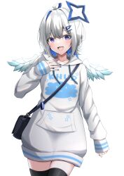 Rule 34 | 1girl, absurdres, amane kanata, blue eyes, grey hair, highres, hololive, kamesys, long sleeves, looking at viewer, multicolored hair, open mouth, short hair, smile, solo, virtual youtuber, wings