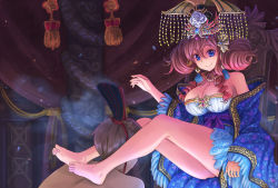 Rule 34 | 1boy, 1girl, bare legs, bare shoulders, barefoot, blue eyes, breasts, cleavage, closed mouth, drill hair, feet, hat, highres, large breasts, long sleeves, looking at viewer, obi, off shoulder, original, red hair, sash, smile, suikakitsu shiro, wide sleeves, xia you qing