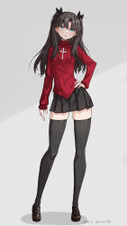 Rule 34 | 1girl, black hair, black skirt, black thighhighs, blue eyes, fate/stay night, fate (series), full body, hand on own hip, highres, long hair, long sleeves, looking at viewer, red sweater, skirt, solo, standing, sweater, takanashi kei (hitsujikan), thighhighs, tohsaka rin, twitter username, two side up, zettai ryouiki