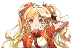 Rule 34 | 1girl, absurdres, arknights, arm up, blonde hair, bow, bowtie, commentary request, hair bow, highres, jacket, kelinke click, long hair, official alternate costume, orange bow, orange jacket, pinecone (arknights), pinecone (sing a song) (arknights), shirt, simple background, solo, twintails, upper body, very long hair, white background, white shirt, wrist cuffs