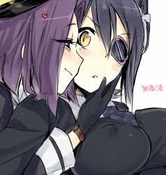 Rule 34 | 10s, black hair, blush, breasts, eyepatch, gloves, halo, hand on another&#039;s face, headgear, heart, hebino rai, kantai collection, large breasts, looking at another, looking back, mechanical halo, multiple girls, necktie, open mouth, personification, purple hair, school uniform, short hair, smile, tatsuta (kancolle), tenryuu (kancolle), yellow eyes, yuri