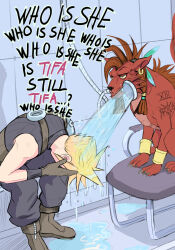 Rule 34 | 2boys, absurdres, blonde hair, boots, brown hair, chair, cloud strife, covering face, crying, english text, final fantasy, final fantasy vii, final fantasy vii remake, gloves, highres, humor, legs, meme, multiple boys, pants, parody, pointy hair, red xiii, showering, sitting, square enix, thighs, water