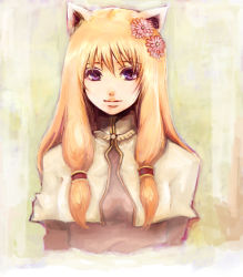 Rule 34 | 1girl, acolyte (ragnarok online), animal ears, blonde hair, breasts, brown shirt, capelet, closed mouth, commentary request, flower, hair flower, hair ornament, long hair, looking at viewer, love misery, medium breasts, pink flower, purple eyes, ragnarok online, shirt, sidelocks, smile, solo, upper body, white capelet