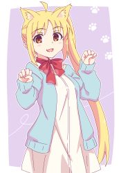 Rule 34 | 1girl, :d, ahoge, animal ear fluff, animal ears, blonde hair, blue jacket, blush, bocchi the rock!, bow, brown eyes, cat ears, dress, e20, fang, hands up, highres, ijichi nijika, jacket, kemonomimi mode, long hair, long sleeves, looking at viewer, open clothes, open jacket, open mouth, outside border, parted bangs, paw pose, puffy long sleeves, puffy sleeves, purple background, red bow, sailor collar, sailor dress, side ponytail, sleeves past wrists, smile, solo, two-tone background, very long hair, white background, white dress, white sailor collar
