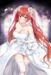 Rule 34 | 1girl, 3:, azur lane, bare shoulders, blurry, blurry background, blush, bow, breasts, bridal veil, bride, cleavage, closed mouth, collarbone, commentary request, depth of field, dress, elbow gloves, flower, garter straps, gloves, hair flower, hair ornament, highres, honolulu (azur lane), jewelry, kaetzchen, large breasts, long hair, looking at viewer, necklace, pearl necklace, petals, red eyes, red hair, revision, rose, see-through, signature, skirt hold, solo, strapless, strapless dress, thighhighs, thighs, twintails, veil, very long hair, wedding, wedding dress, white bow, white dress, white flower, white gloves, white rose, white thighhighs
