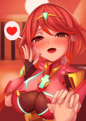 Rule 34 | 1girl, breasts, chest jewel, earrings, fingerless gloves, gem, gloves, headpiece, heart, heart-shaped pupils, highres, holding hands, jewelry, large breasts, pyra (xenoblade), red eyes, red hair, short hair, swept bangs, symbol-shaped pupils, tiara, white-paka, xenoblade chronicles (series), xenoblade chronicles 2