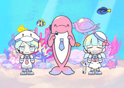 Rule 34 | 1boy, 1girl, ^ ^, animal hat, black headphones, blue eyes, blue hair, blue necktie, blue sailor collar, blunt bangs, blush stickers, boots, character request, clenched hand, closed eyes, closed mouth, clownfish, collared shirt, commentary request, copyright request, coral, dappled sunlight, deformed, dolphin, duck hat, fish, full body, grin, hat, hat ribbon, headpiece, long sleeves, low twintails, medium hair, miniskirt, neckerchief, necktie, polka dot footwear, red neckerchief, red necktie, red ribbon, ribbon, sailor collar, sailor hat, sailor shirt, sand, shirt, short hair, short twintails, shorts, skirt, skirt set, smile, starfish, straight-on, sunlight, terada tera, twintails, underwater, v-shaped eyebrows, white footwear, white headwear, white shirt, white shorts, white skirt, white sleeves