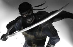 Rule 34 | 1boy, arm at side, armor, black armor, black cape, black eyes, black hair, black headband, black mask, cape, ghost of tsushima, gradient background, grey background, headband, highres, holding, holding sword, holding weapon, holstered, japanese armor, japanese clothes, jin (ghost of tsushima), katana, kote, kr ac, kunai, looking at viewer, male focus, mask, mouth mask, ninja, ninja mask, oni mask, rope, short hair, shoulder armor, sode, solo, sword, upper body, v-shaped eyebrows, weapon, white background
