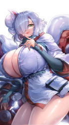 Rule 34 | 1girl, breasts, bridal gauntlets, bursting breasts, cleavage, cowboy shot, destiny child, dress shirt, green eyes, hair over one eye, highres, huge breasts, jacket, kanaloa (destiny child), light smile, looking at viewer, monster girl, red lips, scarf, scylla, shirt, short hair, smile, solo, suit jacket, tentacles, thighs, white hair, white jacket, yurika48597221
