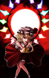 Rule 34 | 1girl, ascot, bad id, bad pixiv id, blonde hair, fangs, flandre scarlet, frilled skirt, frills, full moon, hat, hat ribbon, mmm (mikito), mob cap, moon, puffy short sleeves, puffy sleeves, red eyes, ribbon, short hair, short sleeves, side ponytail, skirt, touhou, vest, wings