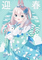 Rule 34 | :d, :x, animal, animal ear fluff, animal ears, animal print, blue bow, blue capelet, blue flower, bow, brown hair, capelet, chinese zodiac, commentary request, ear bow, egasumi, floral print, flower, fur-trimmed capelet, fur collar, fur trim, furisode, green background, green eyes, green kimono, hair between eyes, hair flower, hair ornament, highres, holding, holding animal, japanese clothes, kimono, long hair, long sleeves, looking at viewer, one side up, open mouth, original, polka dot, polka dot bow, print kimono, rabbit, rabbit ears, rabbit print, sleeves past wrists, smile, solo, tantan men (dragon), white bow, wide sleeves, year of the rabbit