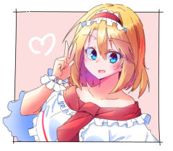Rule 34 | 1girl, alice margatroid, blonde hair, blue eyes, blush, capelet, dondyuruma, frilled hairband, frills, hairband, lolita hairband, looking at viewer, open mouth, pink background, red hairband, smile, solo, touhou, v, white capelet, wrist cuffs