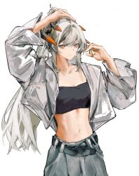 Rule 34 | 1girl, arknights, arm up, bandeau, belt, black belt, cowboy shot, grey hair, grey shirt, hand up, highres, horns, long hair, looking at viewer, midriff, navel, open clothes, open shirt, orange eyes, saria (arknights), shirt, simple background, solo, standing, stomach, strapless, tube top, very long hair, white background, z shuidao