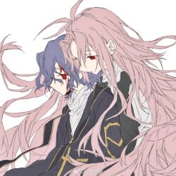 2boys absurdly_long_hair antenna_hair aoi_(cariiiie) black_coat black_vest bleeding_from_forehead blood blood_on_face blue_hair chinese_commentary closed_mouth coat commentary_request gold_trim hatsutori_hajime highres long_hair long_sleeves male_focus multiple_boys pink_hair red_eyes saibou_shinkyoku shirt short_hair simple_background sketch stole utsugi_noriyuki very_long_hair vest weibo_watermark white_background white_shirt