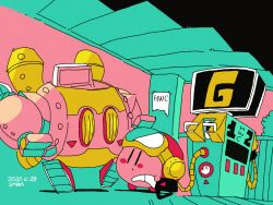 Rule 34 | 1boy, artist name, aviator cap, black eyes, blush stickers, colored skin, dated, flat color, gas pump, gas pump nozzle, gas station, glasses, goggles, goggles on headwear, green-tinted eyewear, holding, kirby, kirby: planet robobot, kirby (series), mecha, nintendo, non-humanoid robot, opaque glasses, outdoors, pink skin, pink sky, red headwear, refueling, robobot armor, robot, saba hokke, shadow, signature, sky, solo, standing, tinted eyewear, walker (robot), yellow-framed eyewear, | |