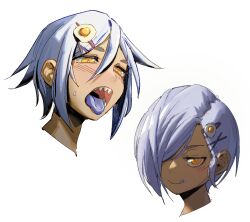 Rule 34 | 1girl, blue tongue, colored tongue, commentary, cropped head, egg hair ornament, english commentary, food-themed hair ornament, grey hair, hair ornament, hair over one eye, highres, medium hair, multiple views, open mouth, orange eyes, original, pikat, sharp teeth, smile, sweatdrop, teeth, tongue, tongue out, virtual youtuber, x hair ornament