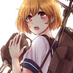 Rule 34 | 10s, 1girl, bandaid, bandaid on face, blonde hair, blush, brown eyes, cannon, fang, kantai collection, looking at viewer, oboro (kancolle), open mouth, personification, rine0412, school uniform, serafuku, shirt, short hair, short sleeves, solo
