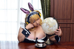 Rule 34 | 1girl, asian, blonde hair, breasts, brown eyes, cleavage, cosplay, fat, headphones, highres, hoshima mika, huge breasts, jewelry, necklace, nitroplus, photo (medium), solo, star (symbol), super pochaco, super pochaco (cosplay), twintails