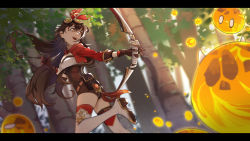 Rule 34 | 1girl, absurdres, amber (genshin impact), bow (weapon), brown hair, chen clear, crossbow, full body, genshin impact, hair ornament, highres, holding, holding weapon, lava, letterboxed, long hair, open mouth, shorts, slime (creature), slime (genshin impact), solo, thighhighs, tree, weapon