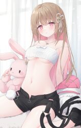 Rule 34 | 1girl, absurdres, armpit crease, ayaginu temari, bare shoulders, black footwear, black shorts, breasts, brown hair, camisole, colored inner hair, commission, crop top, crop top overhang, flower knot, hair ribbon, heart, heart necklace, highres, isekai tensei shite v ni narimashita, jacket, jewelry, long hair, looking at viewer, medium breasts, midriff, mole, mole under eye, multicolored hair, navel, necklace, off shoulder, open clothes, open fly, open jacket, parted lips, pink eyes, ribbed shirt, ribbon, shano hiyori, shirt, shoes, short shorts, shorts, sitting, skeb commission, sleeveless, sleeveless shirt, solo, spaghetti strap, stomach, strap slip, stuffed animal, stuffed rabbit, stuffed toy, thighs, underboob, virtual youtuber, white jacket