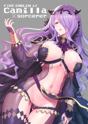 Rule 34 | 1girl, bad id, bad pixiv id, blush, book, breasts, camilla (fire emblem), cape, curvy, female focus, fire emblem, fire emblem fates, hair ornament, hair over one eye, highres, huge breasts, long hair, looking at viewer, matanonki, nail polish, navel, nintendo, open mouth, purple eyes, purple hair, revealing clothes, simple background, smile, solo, thighhighs, thighs, wide hips