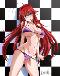 Rule 34 | 1girl, ahoge, bikini, blush, breasts, checkered background, commentary, commentary request, covered erect nipples, green eyes, high school dxd, huge ahoge, large breasts, long hair, looking at viewer, mouth hold, mutou keiji, purple bikini, red hair, rias gremory, shiny skin, solo, standing, sweat, swimsuit