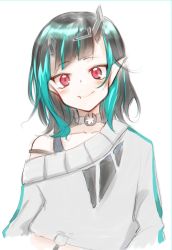 Rule 34 | 1girl, black hair, black tank top, blue hair, blush, closed mouth, demon girl, demon horns, fang, flat chest, grey choker, grey sweater, hair ornament, hairclip, highres, horns, looking at viewer, medium hair, multicolored hair, nanashi inc., natsuki (pixiv), off shoulder, official alternate costume, pointy ears, red eyes, shishio chris, shishio chris (2nd costume), simple background, smile, solo, sugar lyric, sweater, tank top, two-tone hair, upper body, virtual youtuber, white background