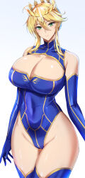Rule 34 | 1girl, artoria pendragon (fate), artoria pendragon (lancer) (fate), bare shoulders, blonde hair, blue background, blue gloves, blue leotard, blue thighhighs, breasts, cleavage, cleavage cutout, closed mouth, clothing cutout, commentary request, covered navel, cowboy shot, crown, elbow gloves, fate/grand order, fate (series), gloves, green eyes, hair between eyes, highleg, highleg leotard, highres, kumakichi (cost-lost), large breasts, leotard, looking at viewer, simple background, smile, solo, thighhighs, thighs