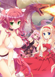 Rule 34 | 3girls, arisue tsukasa, bare shoulders, bikini, bikini top only, black neckwear, blonde hair, blue eyes, bow, breasts, choker, cleavage, closed mouth, demon girl, detached sleeves, dragon, dress, elf, fantasy, finger to mouth, fire, green eyes, hair bow, hairband, harem, large breasts, long hair, looking at viewer, multiple girls, original, own hands clasped, own hands together, pink hair, pointy ears, princess, red bow, red dress, red eyes, red hair, red hairband, red neckwear, smile, strapless, strapless dress, swimsuit, two side up, white bikini