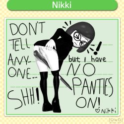 Rule 34 | &gt; &lt;, 1girl, absurdres, anus, ass, bent over, black legwear, bob cut, cleft of venus, commentary, english text, closed eyes, from behind, glasses, highres, mii (nintendo), monochrome, nikki (swapnote), nintendo, no panties, owo sfm, pussy, short hair, solo, standing, stylus, swapnote, sweater, twitter username, uncensored, watermark