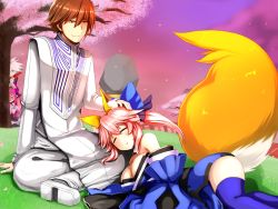 Rule 34 | 10s, 2boys, 2girls, angry, animal ears, bare shoulders, black gloves, blue eyes, blue kimono, blue legwear, blue ribbon, blush, bow, breasts, brown eyes, brown hair, cape, cherry blossoms, cleavage, closed eyes, closed mouth, collar, detached sleeves, dress, elizabeth bathory (fate), elizabeth bathory (fate/extra ccc), fate/extella, fate/extra, fate/extra ccc, fate/grand order, fate (series), fox ears, fox tail, gloves, grass, hair between eyes, hair bow, hair ribbon, half-closed eyes, horns, japanese clothes, jealous, jewelry, jitome, karna (fate), kimono, kishinami hakuno (male), lap pillow, large breasts, long hair, looking at another, looking down, lying, multiple boys, multiple girls, nose blush, on ground, on side, open mouth, outdoors, pale skin, pants, parted lips, peeking, petals, pink gloves, pink hair, pink sky, pointy ears, purple sky, ribbon, rock, shirt, shoes, short hair, sitting, sky, sleeping, smile, spiked hair, tabard, tail, tamamo no mae (fate/extra), thighhighs, tree, two side up, white footwear, white hair, white pants, white shirt, yoroi kabuto