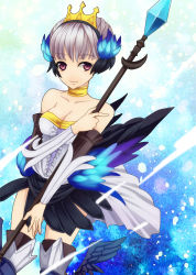 Rule 34 | 1girl, armor, armored dress, bad id, bad pixiv id, bare shoulders, boots, choker, collarbone, crown, detached sleeves, dress, feather hair ornament, feathers, gwendolyn (odin sphere), feather hair ornament, low wings, mugi (iccomae), odin sphere, polearm, pteruges, purple eyes, short hair, silver hair, smile, solo, spear, strapless, strapless dress, thigh boots, thighhighs, weapon, wings