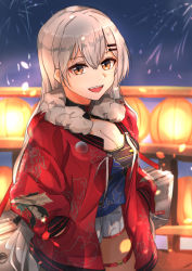 Rule 34 | 1girl, absurdres, breasts, china dress, chinese clothes, chinese new year, cleavage, commentary, commentary request, dress, fireworks, fur-trimmed jacket, fur trim, girls&#039; frontline, grey eyes, grey hair, hands in pockets, highres, jacket, lamp, lantern, lantern festival, long hair, looking at viewer, medium breasts, muteppona hito, official alternate costume, open mouth, paper lantern, red jacket, shorts, sky lantern, solo, svd (camellia&#039;s vigil) (girls&#039; frontline), svd (girls&#039; frontline), thigh strap, weapon case, white shorts
