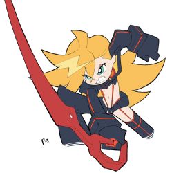 Rule 34 | 1girl, aqua eyes, teeth, blonde hair, boots, commentary, cosplay, creator connection, crossover, demxhax, elbow gloves, english commentary, eyeshadow, full body, gloves, highres, holding, holding weapon, kill la kill, living clothes, long hair, makeup, matoi ryuuko, matoi ryuuko (cosplay), midriff, miniskirt, navel, official style, panty &amp; stocking with garterbelt, panty (psg), revealing clothes, scissor blade (kill la kill), senketsu, shrug (clothing), skirt, solo, suspenders, thigh boots, thighhighs, weapon, white background