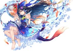 Rule 34 | 1girl, air bubble, alternate color, anklet, ascot, barefoot, black hair, blue bow, blue skirt, blush, bow, bubble, detached sleeves, fish, floating hair, floral print, full body, goldfish, hair bow, hair ornament, hair tubes, hakurei reimu, highres, jewelry, long hair, looking at viewer, ribbon-trimmed sleeves, ribbon trim, sash, skirt, skirt set, smile, solo, touhou, u u zan, vest, white background