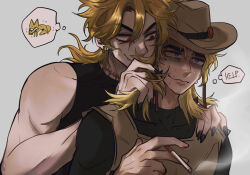 Rule 34 | 2boys, behind another, black nails, blonde hair, blue eyes, cigarette, cowboy hat, dio brando, english text, fang, fingernails, hand on another&#039;s shoulder, hat, highres, hol horse, jojo no kimyou na bouken, male focus, medium hair, multiple boys, playing with another&#039;s hair, red eyes, scar, scar on neck, shaded face, sharp fingernails, sleeveless, smoke, stardust crusaders, swampland, sweat, thought bubble, yaoi