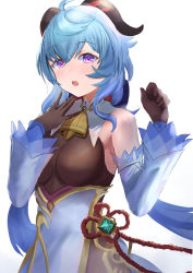 Rule 34 | 1girl, absurdres, ahoge, blue hair, breasts, china dress, chinese clothes, dress, eyebrows hidden by hair, ganyu (genshin impact), genshin impact, gloves, highres, horns, long hair, looking at viewer, open mouth, purple eyes, simple background, sleeveless, solo, taruto (takug0812), twintails, white background