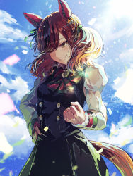 Rule 34 | 1girl, animal ears, black dress, blue sky, breasts, brown hair, clenched hand, cloud, commentary request, day, dress, ear covers, grin, hand on own hip, highres, horse ears, horse girl, horse tail, juliet sleeves, long sleeves, minyom, multicolored hair, nice nature (umamusume), outdoors, puffy sleeves, shirt, sky, sleeveless, sleeveless dress, small breasts, smile, solo, streaked hair, tail, twintails, umamusume, white shirt, yellow eyes