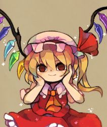 Rule 34 | 1girl, ascot, bad id, bad pixiv id, bare arms, blonde hair, brown background, closed mouth, collared shirt, empty eyes, eyebrows, facing viewer, flandre scarlet, frilled shirt collar, frilled skirt, frills, hair between eyes, hands on own cheeks, hands on own face, hands up, hat, hat ribbon, highres, long hair, looking at viewer, mob cap, no pupils, orange ascot, red eyes, red ribbon, red skirt, red vest, ribbon, shirt, side ponytail, skirt, skirt set, smile, solo, sparkle, touhou, upper body, vest, white hat, white shirt, wings, yukino super