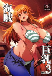 Rule 34 | 1girl, breasts, denim, highres, huge breasts, jeans, midriff, nami (one piece), one piece, orange hair, pants, solo