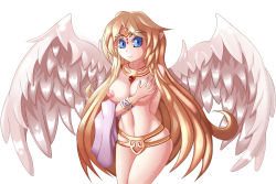 Rule 34 | 1girl, angel wings, blonde hair, blue eyes, breasts, cleavage, ecstasy, feathers, hand on own chest, ilias, jewelry, large breasts, long hair, looking at viewer, lots of jewelry, mon-musu quest!, nipples, nude, pussy, simple background, smile, solo, tiara, wings